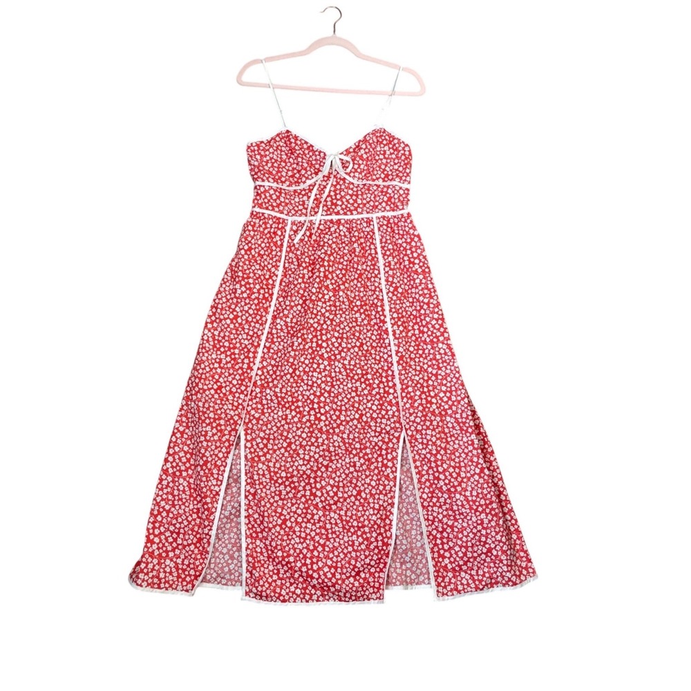 French Quarter‎ Red Floral Maxi Dress Large Sweetheart Slit Cottagecore IM8423